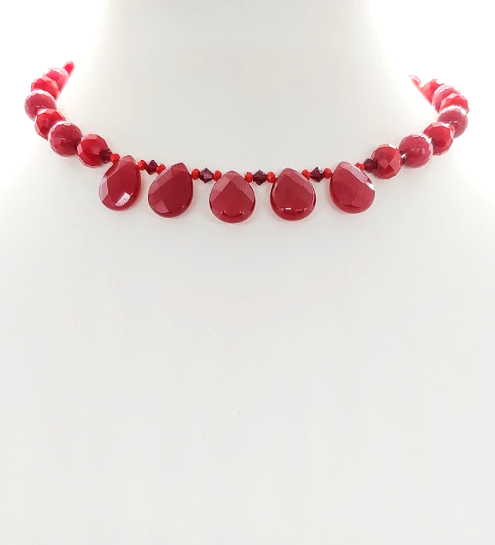 Red Jade and Quartz Teardrop Choker