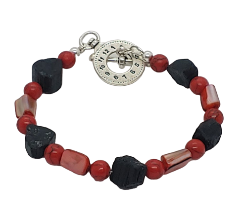 Red and Black Men's Beaded Bracelet with Lava Rock Nuggets