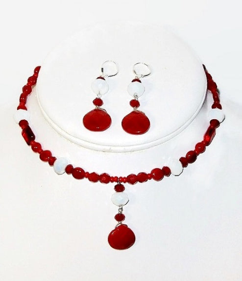 Red and White Choker and Earring Set with Faceted Briolette Pendant