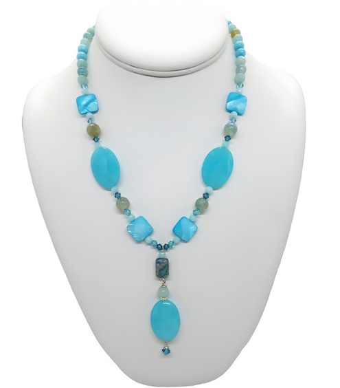 Island Blue Turquoise, Teal and Sky Blue Necklace with Drop Pendant