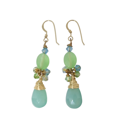Delicate aqua and light green dangle earrings made with faceted chalcedony teardrop beads, crystals and faceted cats eye beads.