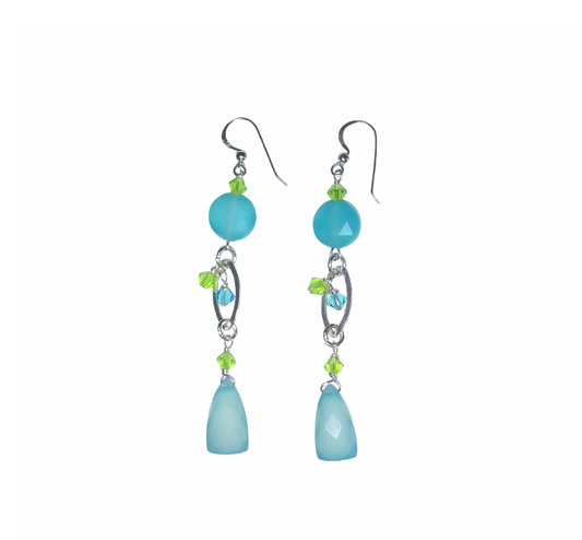 Pair of handmade dangle earrings featuring faceted aqua chalcedony drop beads, round jade coin beads, sterling silver marquise connectors, and peridot green and aqua crystal accents on sterling silver  earwires, approximately 3 inches long, against a white background.