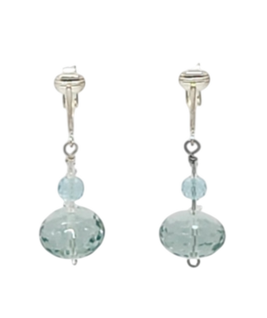 A pair of aqua quartz clip-on earrings with clear bicone crystals and pierced-look ear clips.