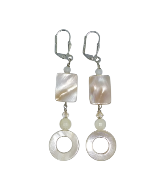 Handmade beige and ivory dangle earrings with mother-of-pearl shell beads, jade-style gemstones, and silver-plated leverbacks.