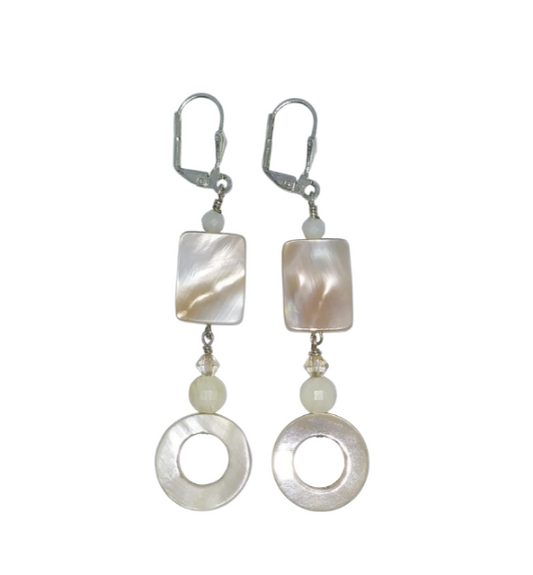 Handmade beige and ivory dangle earrings with mother-of-pearl shell beads, jade-style gemstones, and silver-plated leverbacks.