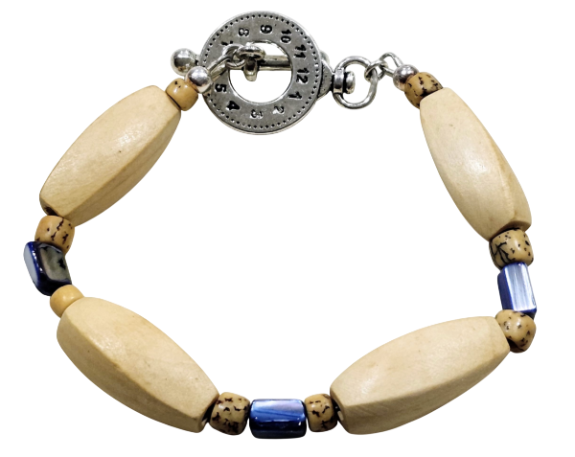 A handmade men's beaded bracelet featuring natural light beige wood oval beads, light beige spacer beads, and dark blue shell nugget beads, secured with a round silver-toned toggle clasp.
