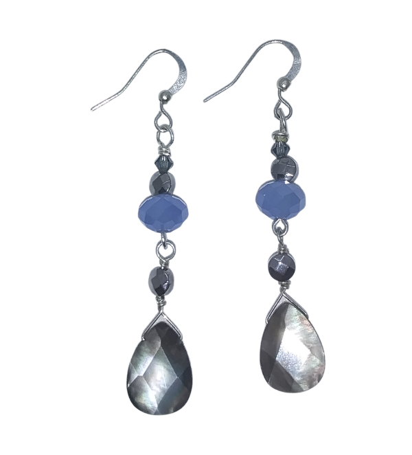 Elegant blue and gray dangle earrings featuring faceted teardrop beads on a white background
