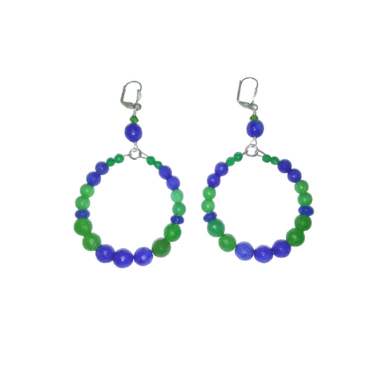 Handmade blue and green jade bead hoop earrings with crystal accent and silver-plated leverback clasps, 3.5 inches long, on white background