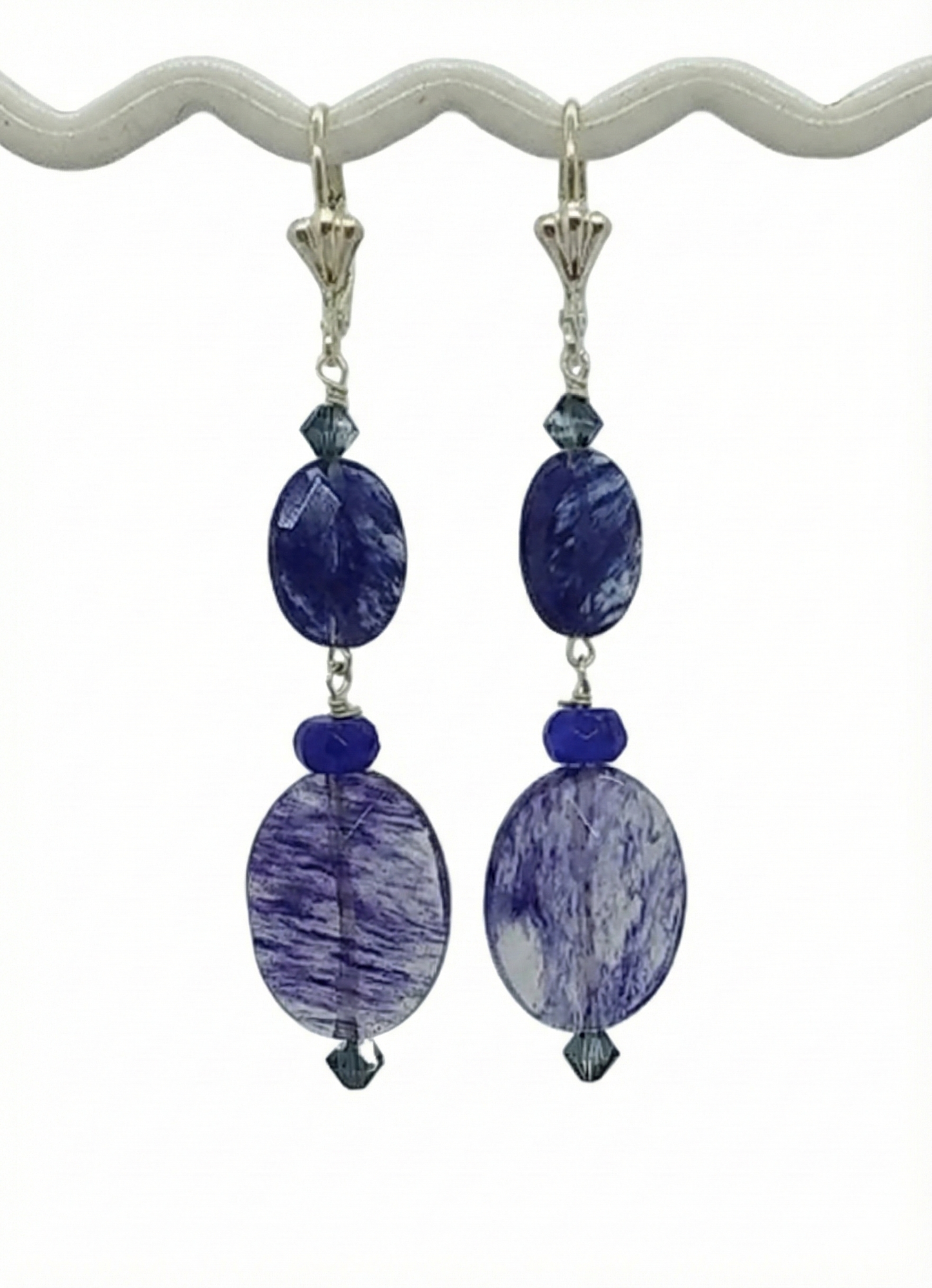 Handmade blueberry quartz dangle earrings on silver hooks.