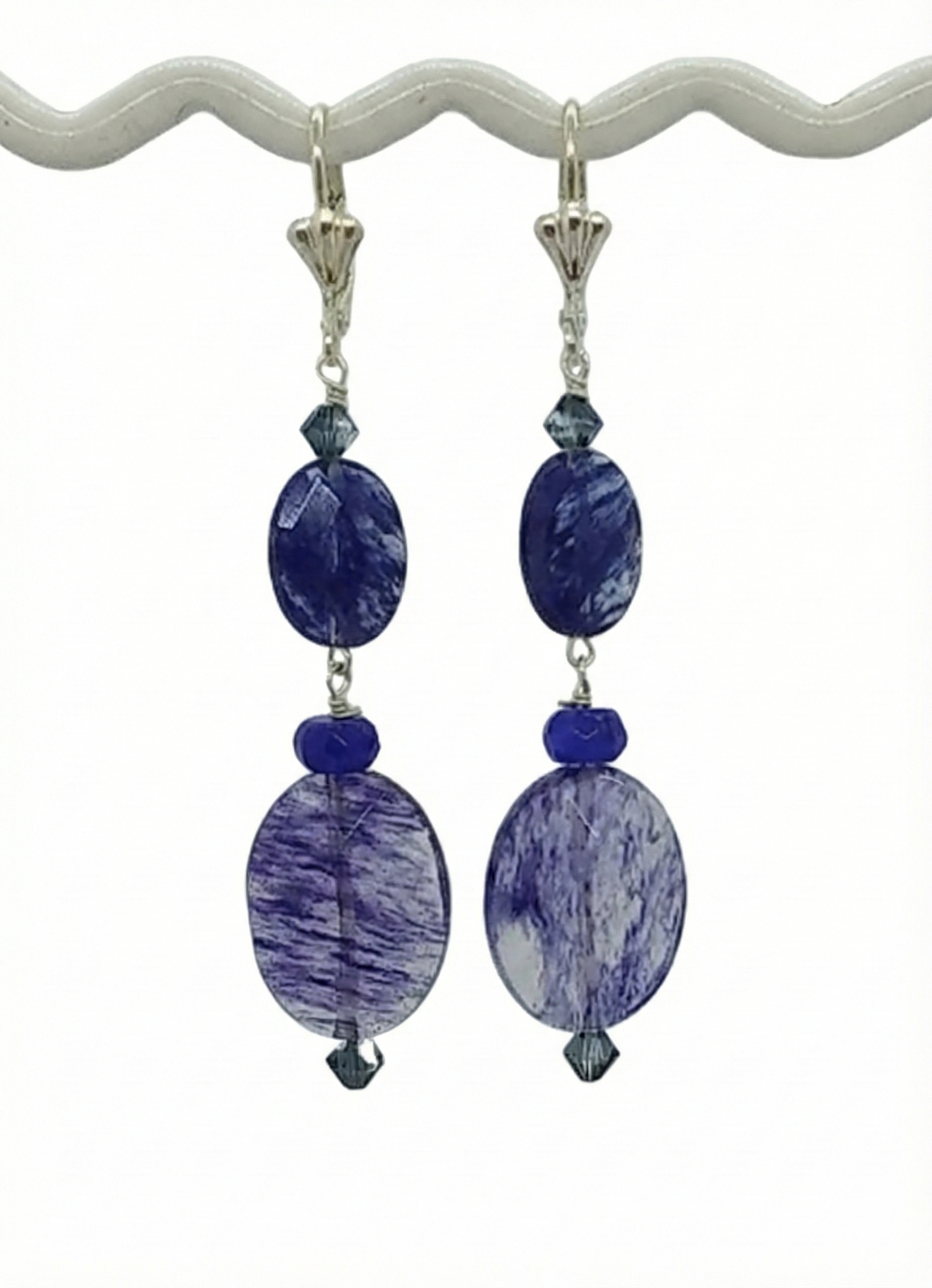 Handmade blueberry quartz dangle earrings on silver hooks.