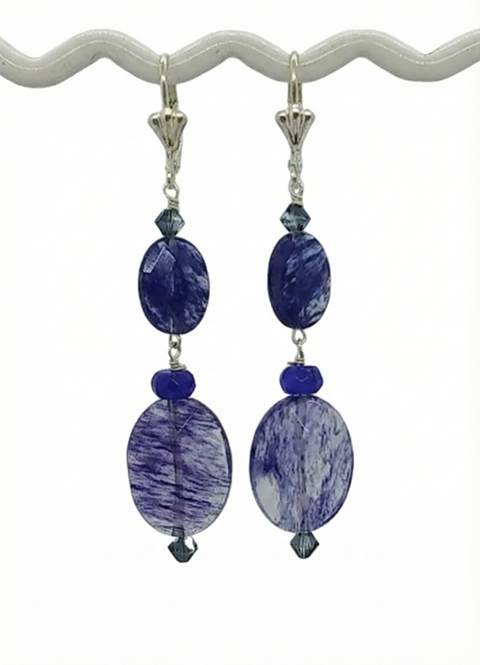 Handmade blueberry quartz dangle earrings on silver hooks.