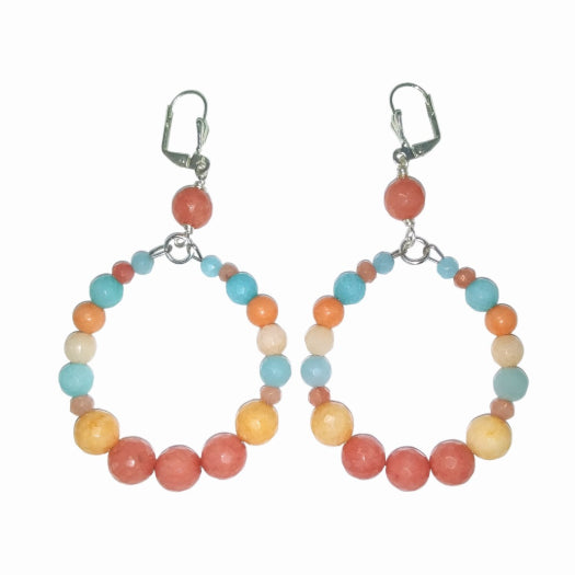 Colorful coral, peach and light blue handmade jade hoop earrings with crystal accents and silver-plated leverbacks
