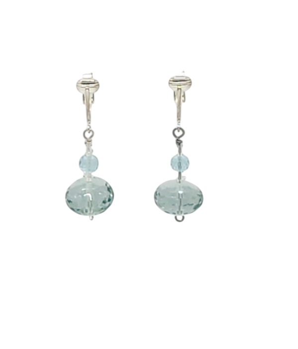 A pair of silver-toned dangle earrings featuring faceted aqua quartz beads, shown against a plain white background.