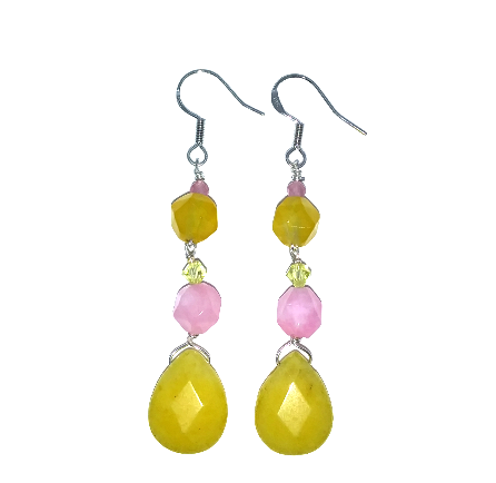 Pair of earrings with yellow and pink beads on a white background