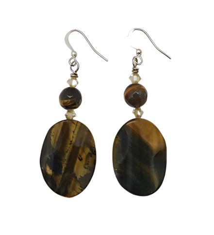 Pair of earrings with tiger eye stones on a white background