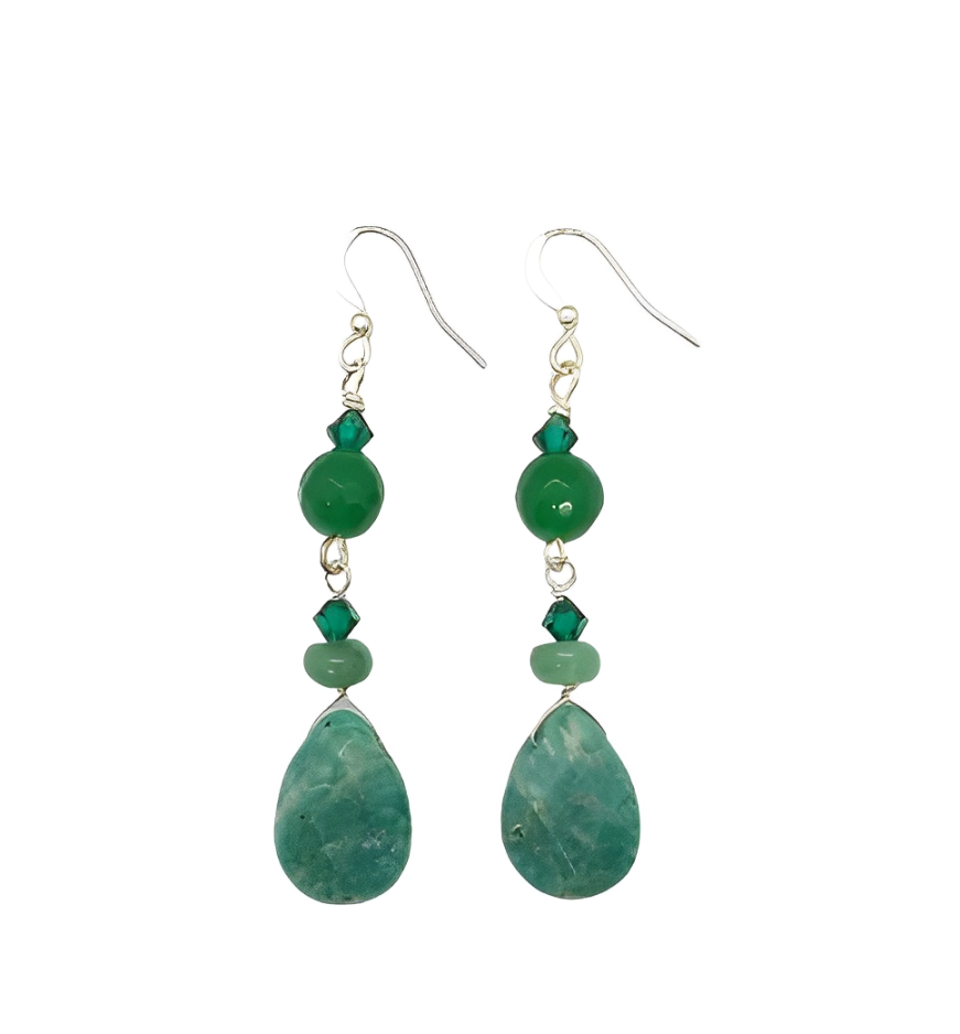 Green teardrop earrings with beads on a white background