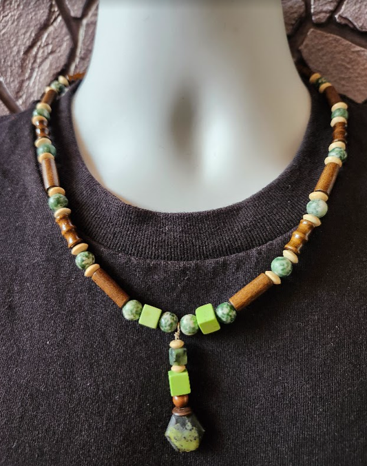 Green, beige and brown men's beaded  necklace with wood, bamboo, and semi-precious stones.  