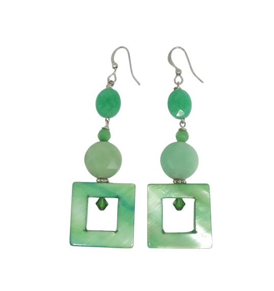 Pair of green dangle earrings with jade-style gemstone beads and mother-of-pearl square-shaped bead on each earring