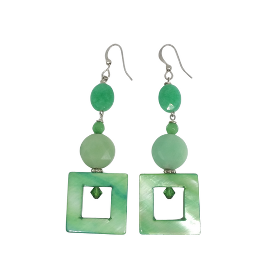 Pair of green dangle earrings with jade-style gemstone beads and mother-of-pearl square-shaped bead on each earring