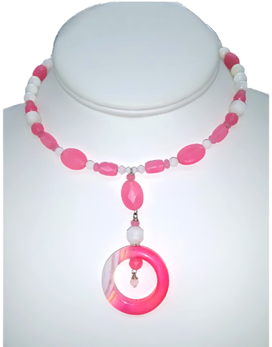 Handmade hot pink and white beaded choker necklace with jade beads, moonstone, and a 2.5 inch agate pendant drop.