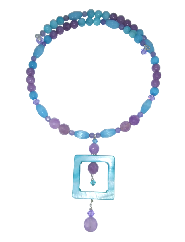 Lavender, sky blue and aqua beaded choker with square drop pendant on a white background