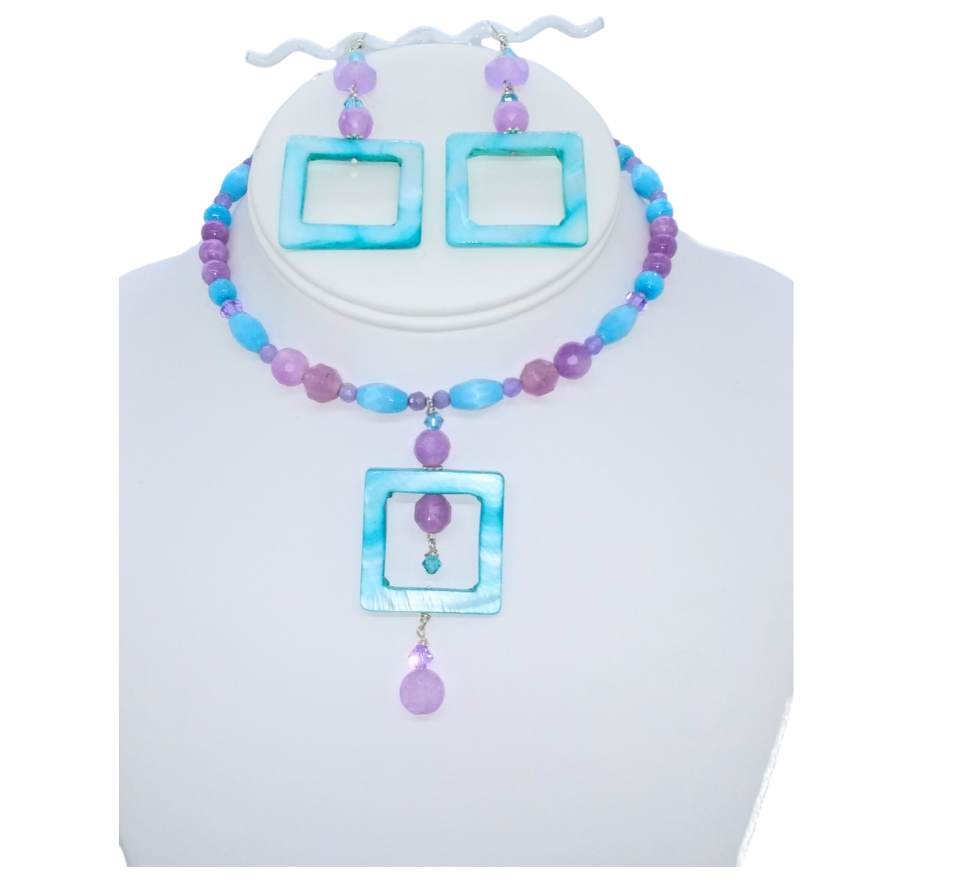 Handmade beaded choker and earring set in lavender, sky blue, and aqua with geometric drop pendant design.