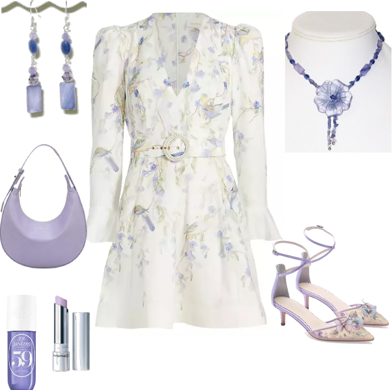 White floral dress with matching lavender blue accessories including a handbag, shoes, and jewelry on a white background