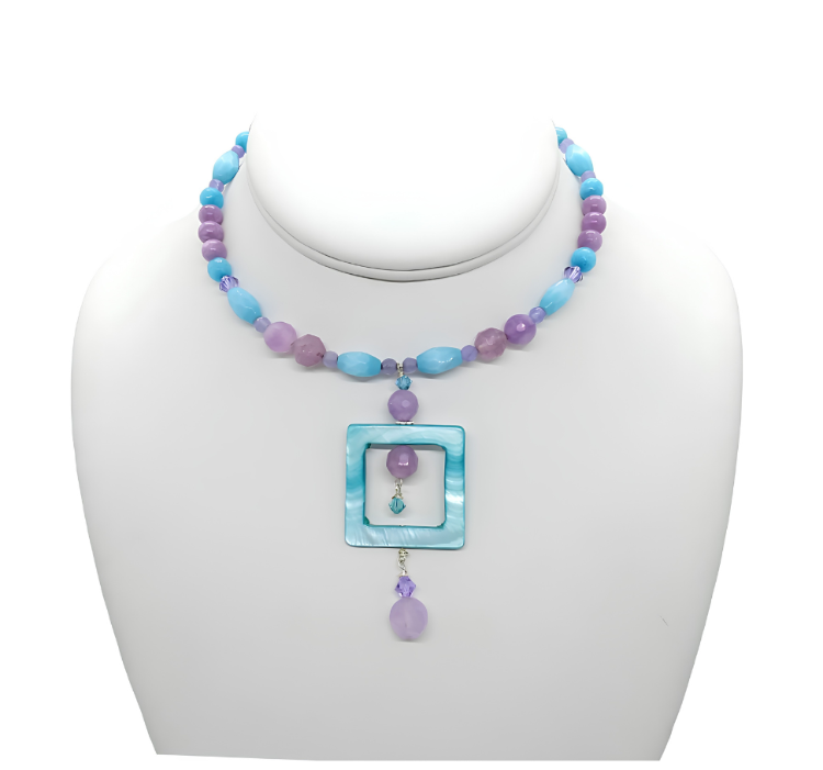 Lavender, sky blue and aqua beaded choker featuring MOP drop geometric square pendant