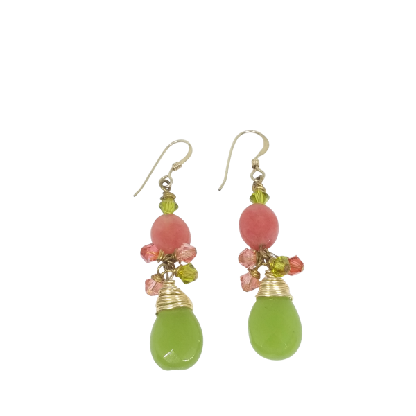 Pair of light olive green-colored and dark pink earrings featuring a faceted briolette bead 