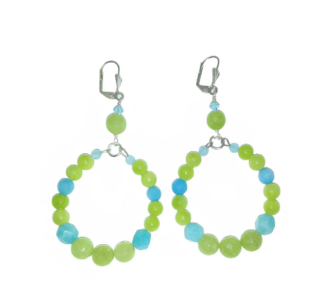 Pair of lime green and aqua beaded hoop earrings on a white background