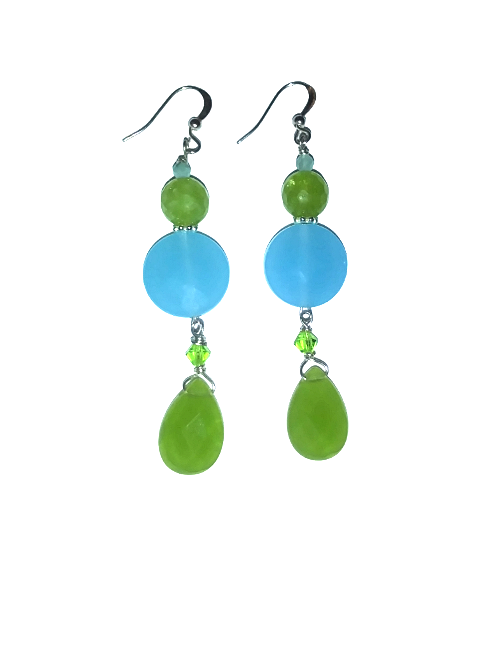 Pair of earrings with sky blue and green beads on a white background