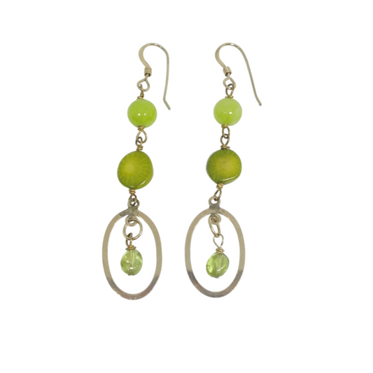 Delicate lime green dangle earrings with gold-filled components.