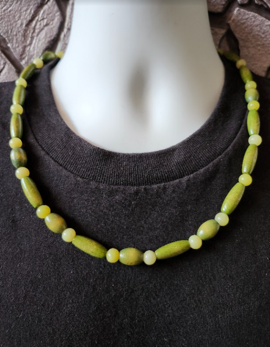 Men's Beaded necklace consisting of olive green wood beads and light  lime green round semi-precious stones.
