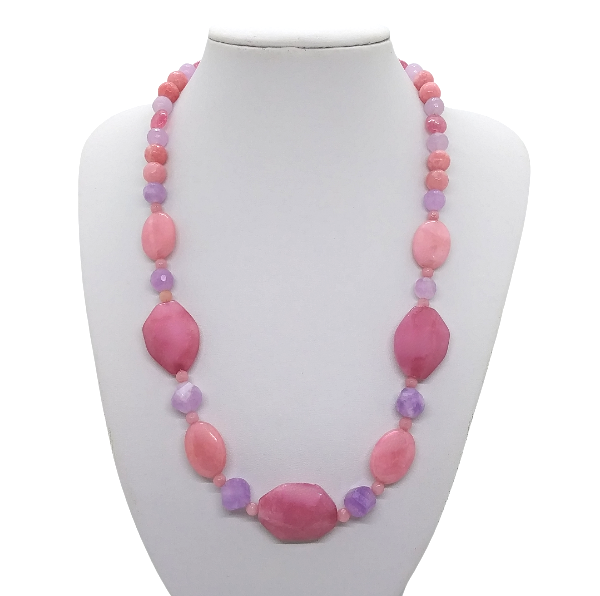 Handcrafted pink and lilac jade-style gemstone beaded necklace displayed on a white bust. 