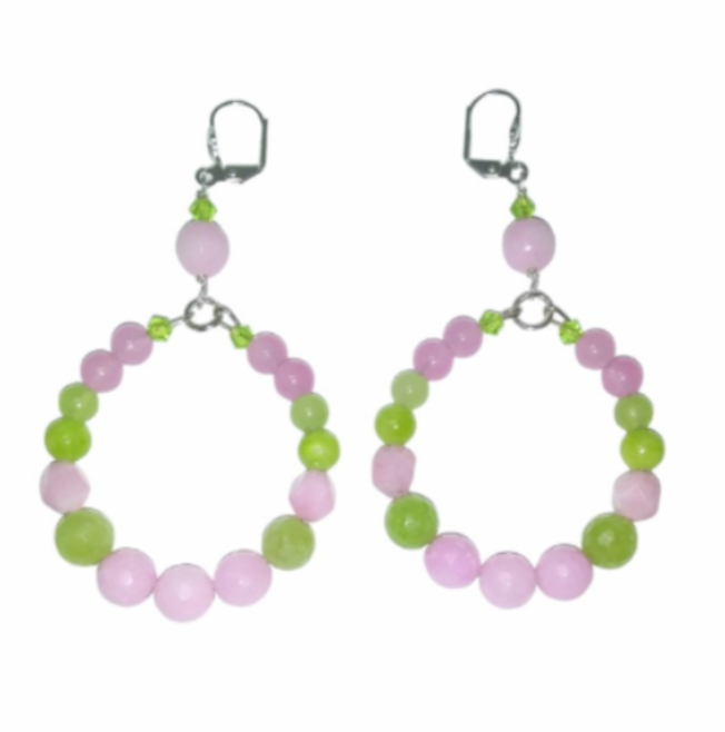 Colorful pink and green beaded hoop earrings with faceted jade beads and crystals on a white background