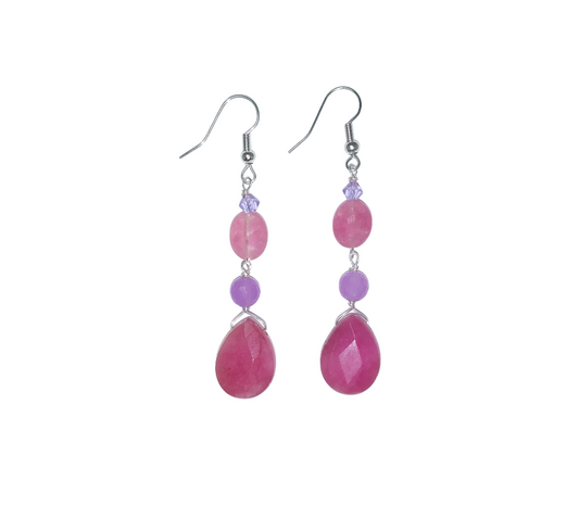 A pair of pink and purple jade dangle earrings with lavender crystal accents and silver ear wires, 2.5 inches long