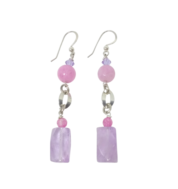 A pair of pink and lilac purple dangle earrings featuring oval-shaped sterling silver components and earwires.