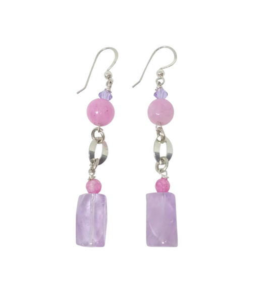 A pair of pink and lilac purple dangle earrings featuring oval-shaped sterling silver components and earwires.