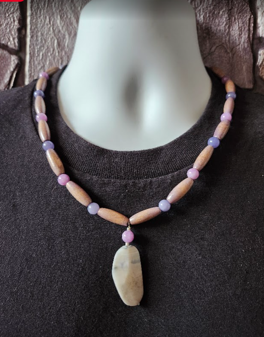 Lavender and lilac men's beaded necklace with wood  beads, jade beads, and a freeform jasper pendant.