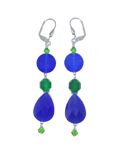 Handmade royal blue and emerald green jade-style gemstone beaded dangle earrings with crystal accents and silver-plated leverbacks.
