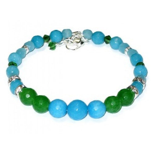 Beaded bracelet with sky blue and green beads on a white background
