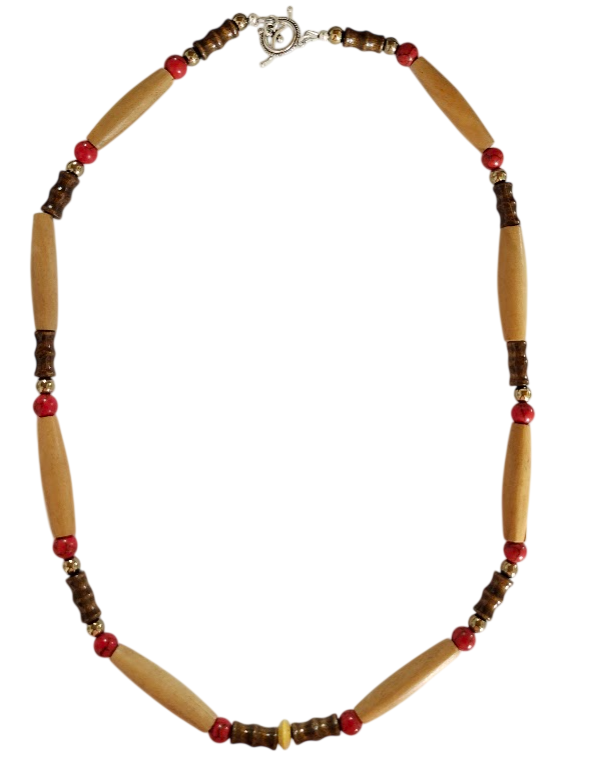 Tan, red, metallic and brown men's beaded bracelet with wood, bamboo, and semi-precious beads.