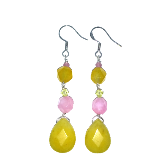 Pink and Yellow Beaded Dangle Earrings