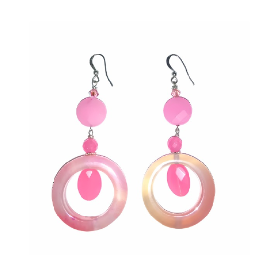 Pink Agate Dangle Hoop Earrings