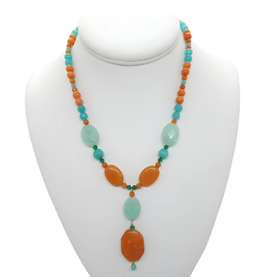 Orange Teal and Aqua Necklace with Drop Pendant